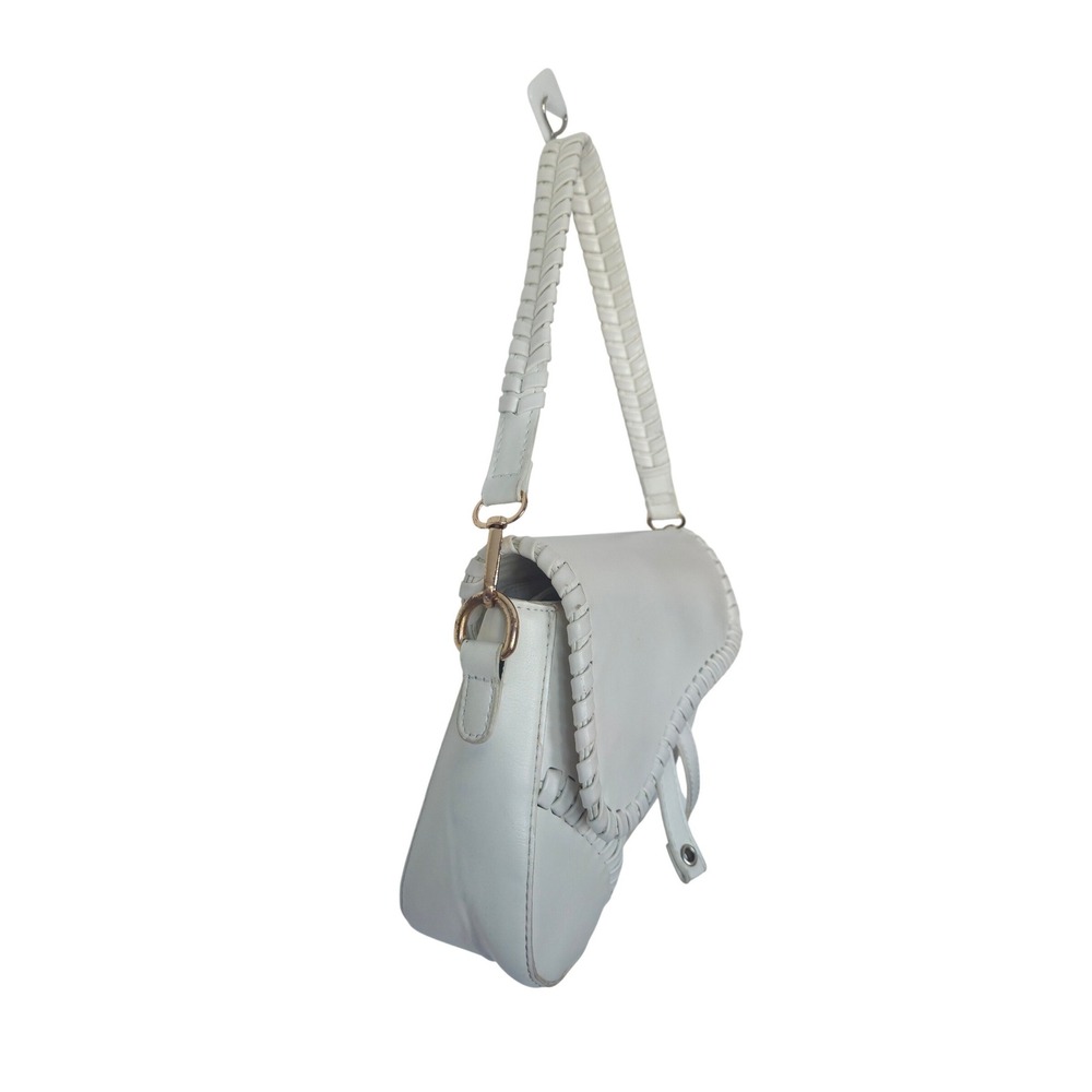 White Saddle Bag Shoulder Bag Woven Trim Top Handle - Picture 5 of 8